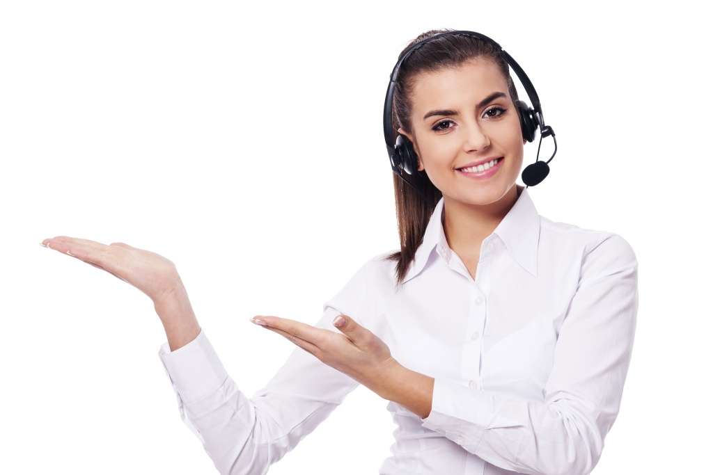 Customer support lady showing contact details